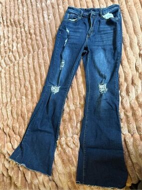 Dark Blue Distressed Flared Women's Jeans